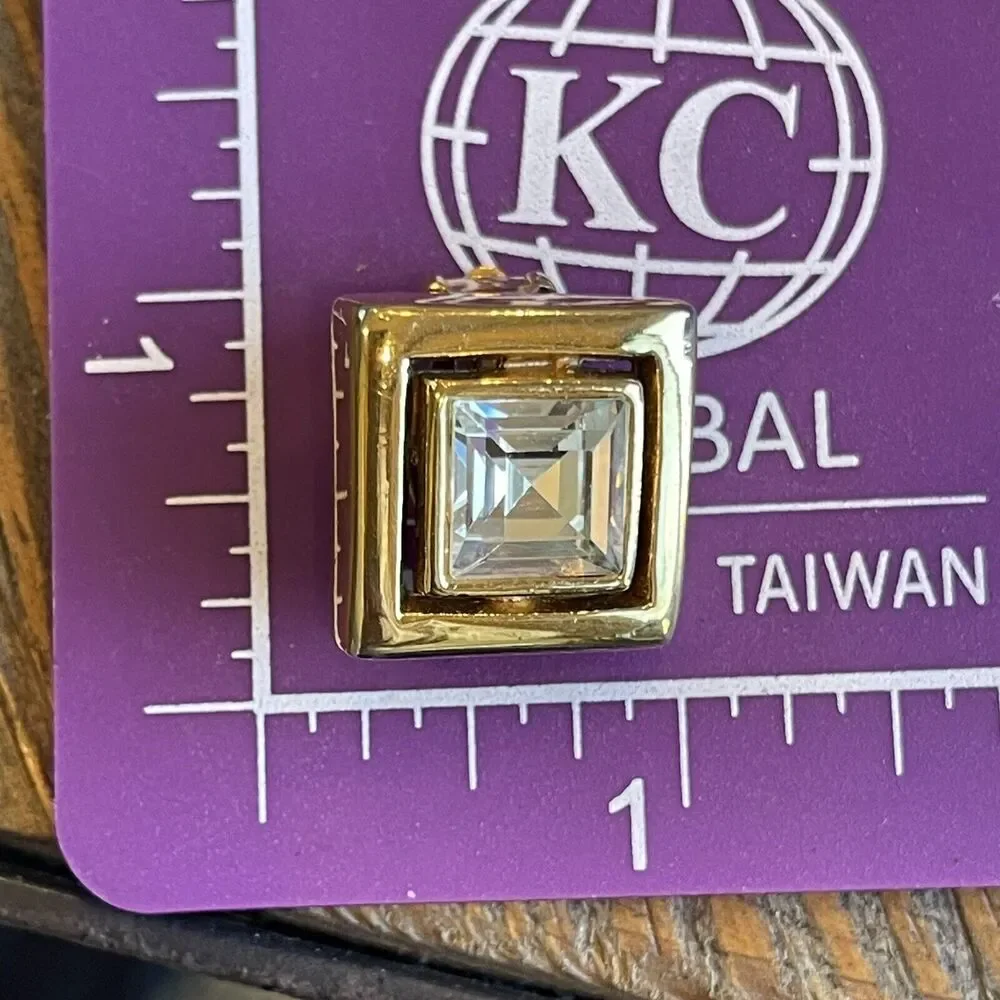 PIERRE CARDIN Square CZ Crystal Earrings Gold Tone ClipOn Heavy Chunky Statement
